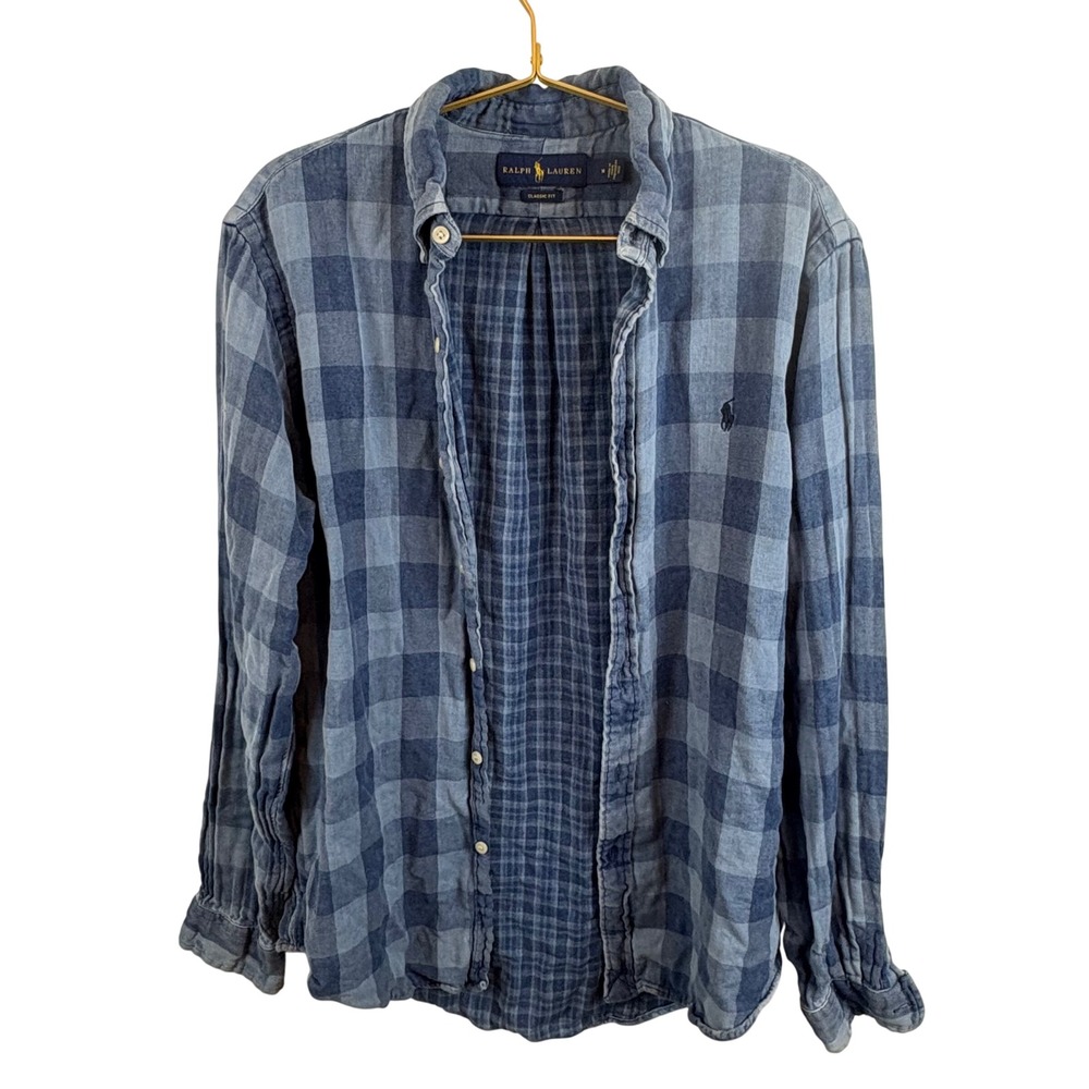 Ralph Lauren Mens Classic Fit Blue Buffalo Check Cotton Button Down Shirt Size M